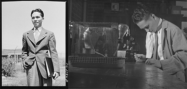 Photos of Miguel Manresa, Jr., at Iowa State University doing research on the effect of vitamins on the reproduction of intestinal protozoa in the rat. Photo 1 and Photo 2 at the Library of Congress.
