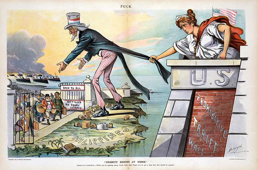 December 1898 Puck cartoon shows Uncle Sam welcoming world trade in his off-shore entrepôt.