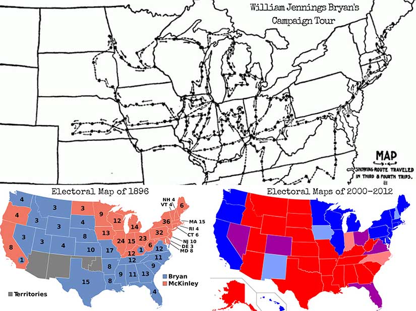 At bottom, a comparison of electoral maps from 1896 [Wikimedia Commons] and 2000-2012 [Wikipedia]. At top, the campaign trail of William Jennings Bryan [The First Battle].