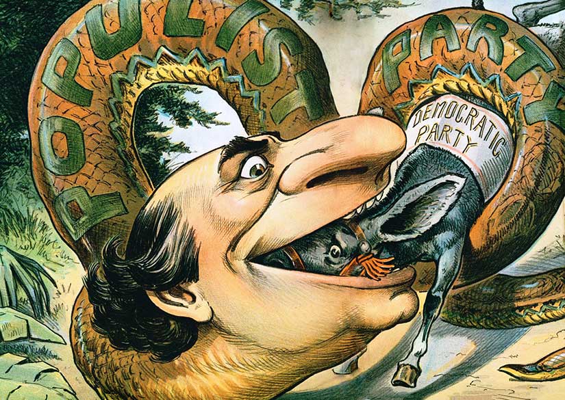 An 1896 Judge cartoon shows William Jennings Bryan and his Populism as a snake swallowing up the mule representing his own Democratic party. Courtesy of [Wikimedia Commons].