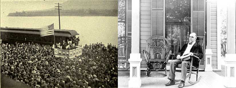 On left, Bryan speaks to a crowd in Wellsville, Ohio, courtesy of his own memoir [The First Battle]. On right, McKinley on his front porch only 50 miles away in Canton, Ohio [Remarkable Ohio].