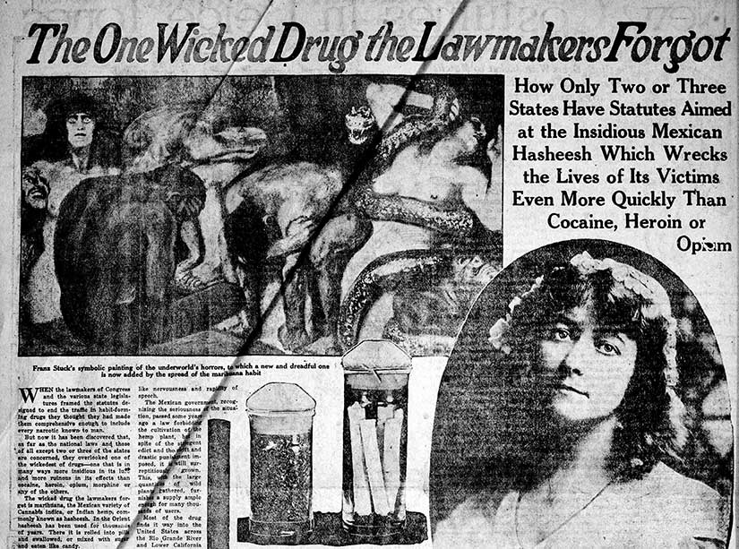 A 1922 diatribe against the evils of marijuana in the Ogden Standard-Examiner, courtesy of The Library of Congress. That is a pretty risqué illustration.