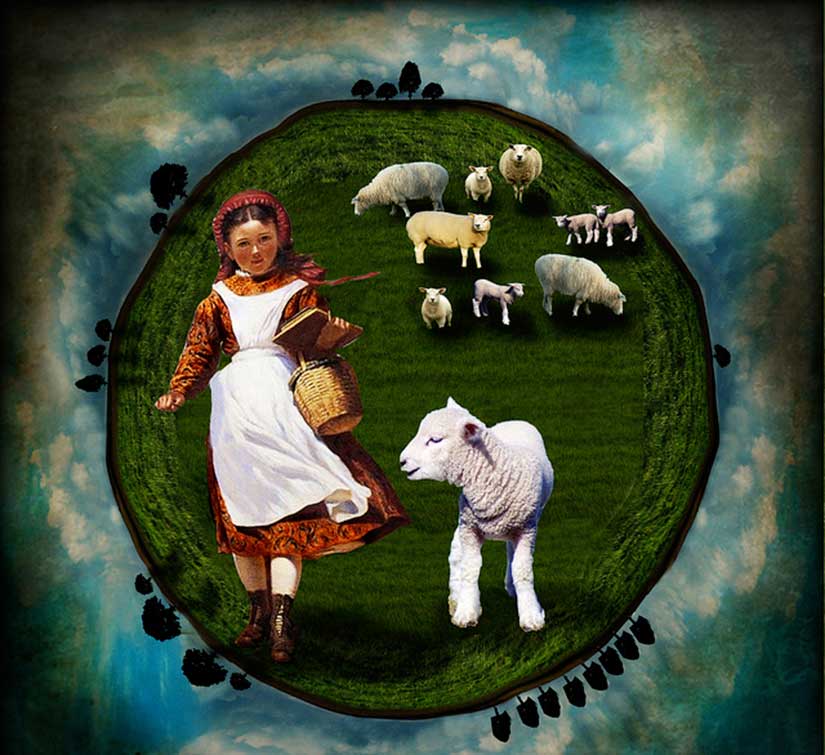 An artistic rendition of Sarah Josepha Hale’s poem, “Mary Had a Little Lamb,” one of the country’s favorite nursery rhymes, courtesy of Caroline at Art Uni International.