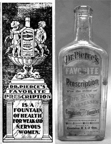 An advertisement and bottle of Dr. Pierce’s Favorite Prescription. Images courtesy of the Library of Congress and the Committee for Skeptical Inquiry.