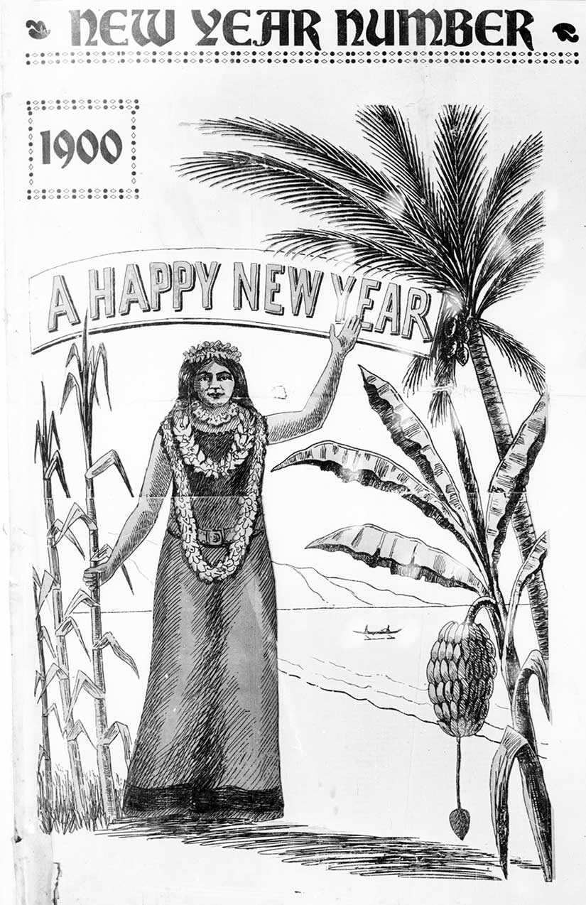 In Hawaii, the Pacific Advertiser welcomed the new year with an illustration of sugar cane, banana trees, and palm trees.