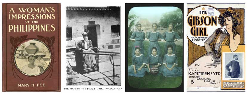 From left to right: the cover of Mary H. Fee’s memoir (from the New York Society Library); a portrait of Annabelle Kent in China (from her book Round the World in Silence); the legacy of Rebecca Parish as seen through a nurses’ basketball team for the Mary Johnston Hospital in 1909 (print for sale on eBay); and the classic Gibson girl image on a music score (courtesy of the Library of Congress).