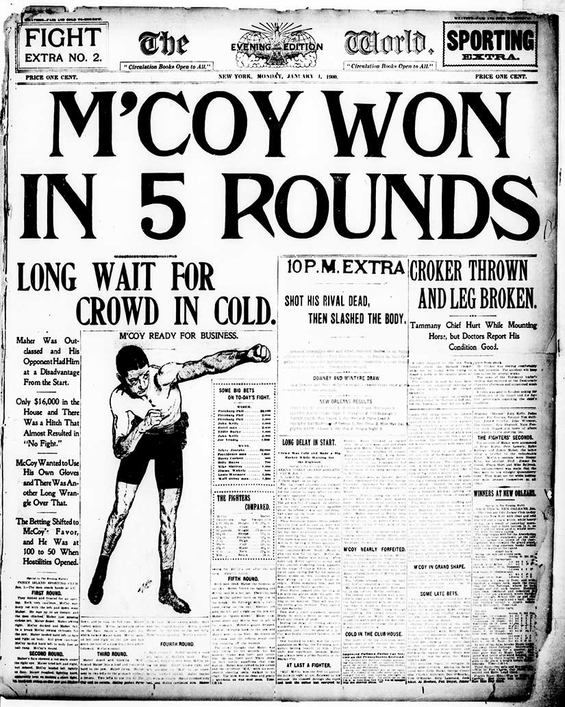 “M’Coy Won in Five Rounds” because “Maher was outclassed.” Even in 1900, sports dominated some papers. From the New York Evening World.