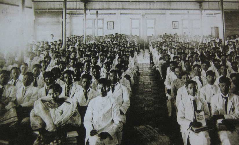 An assembly of students at Silliman Hall in Dumaguete Philippines founded by American Presbyterian missionaries