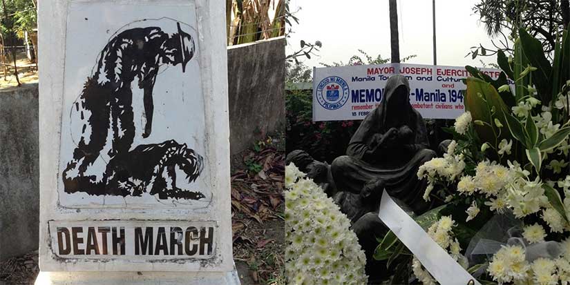 Bataan Death March marker in Philippines and Battle of Manila memorial both from World War II era history research trip