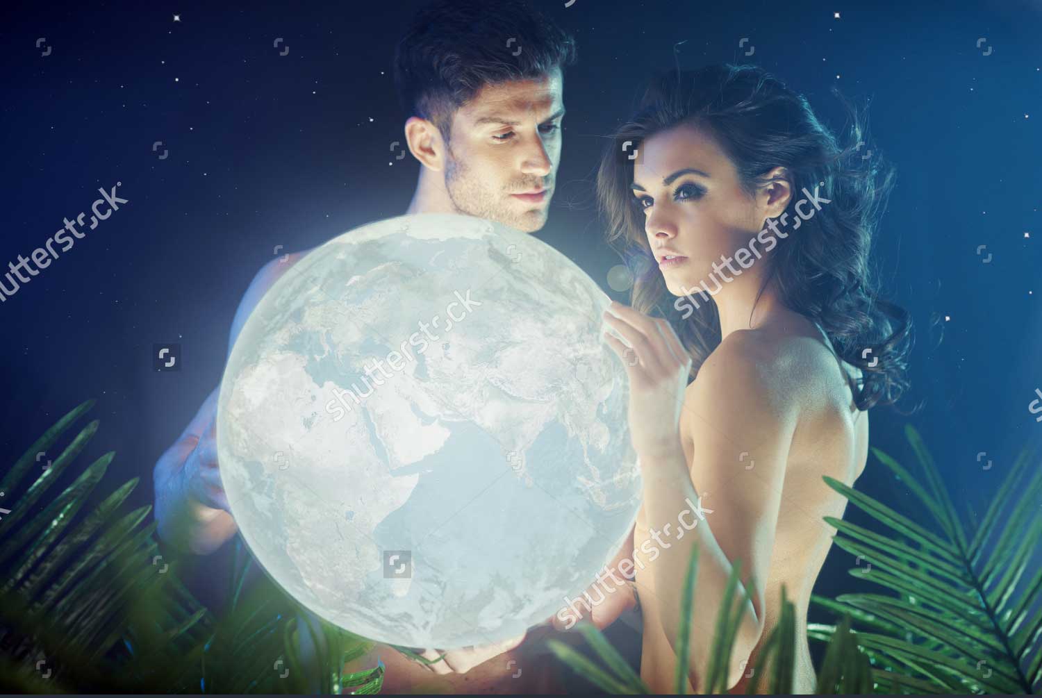 Romantic stock photo of couple in the jungle with a moon from Shutterstock for Sugar Moon spoof Jennifer Hallock steamy historical