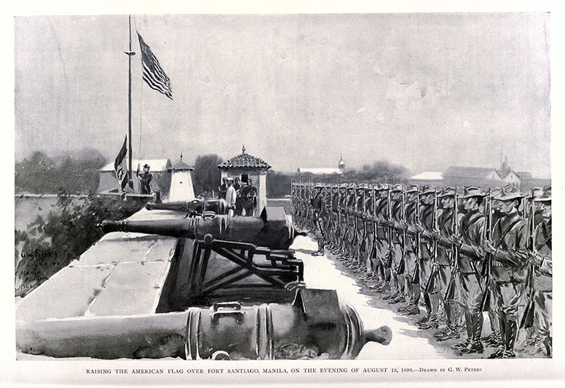 American flag illustration over Fort Santiago after Battle of Manila 1898