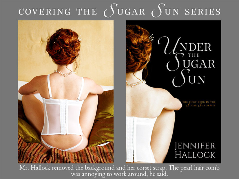 Original stock photo versus final cover displayed. Text: Mr. Hallock removed the background and her corset strap. The pearl hair comb was annoying to work around, he said.