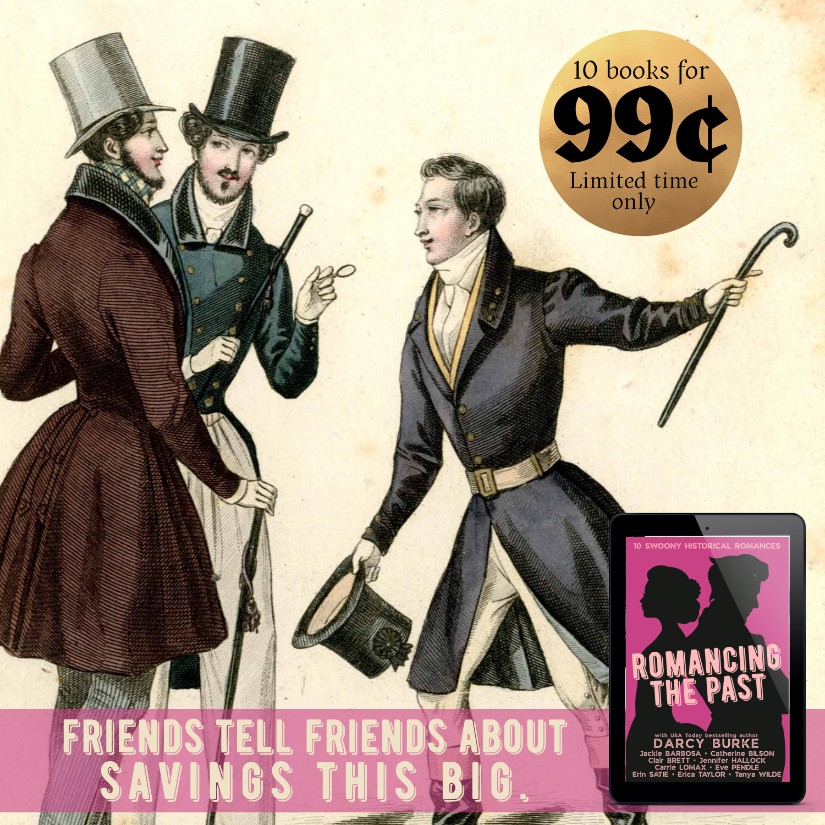 19th century fashion plate with men pointing. Text reads: Friends tell friends about savings this big.